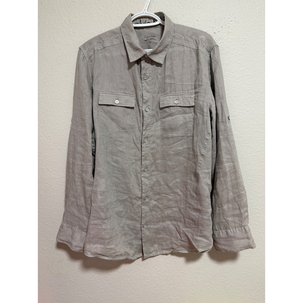 Calvin Klein Mens 100% Linen Button Down Shirt Taupe Khaki Long Sleeve Size M